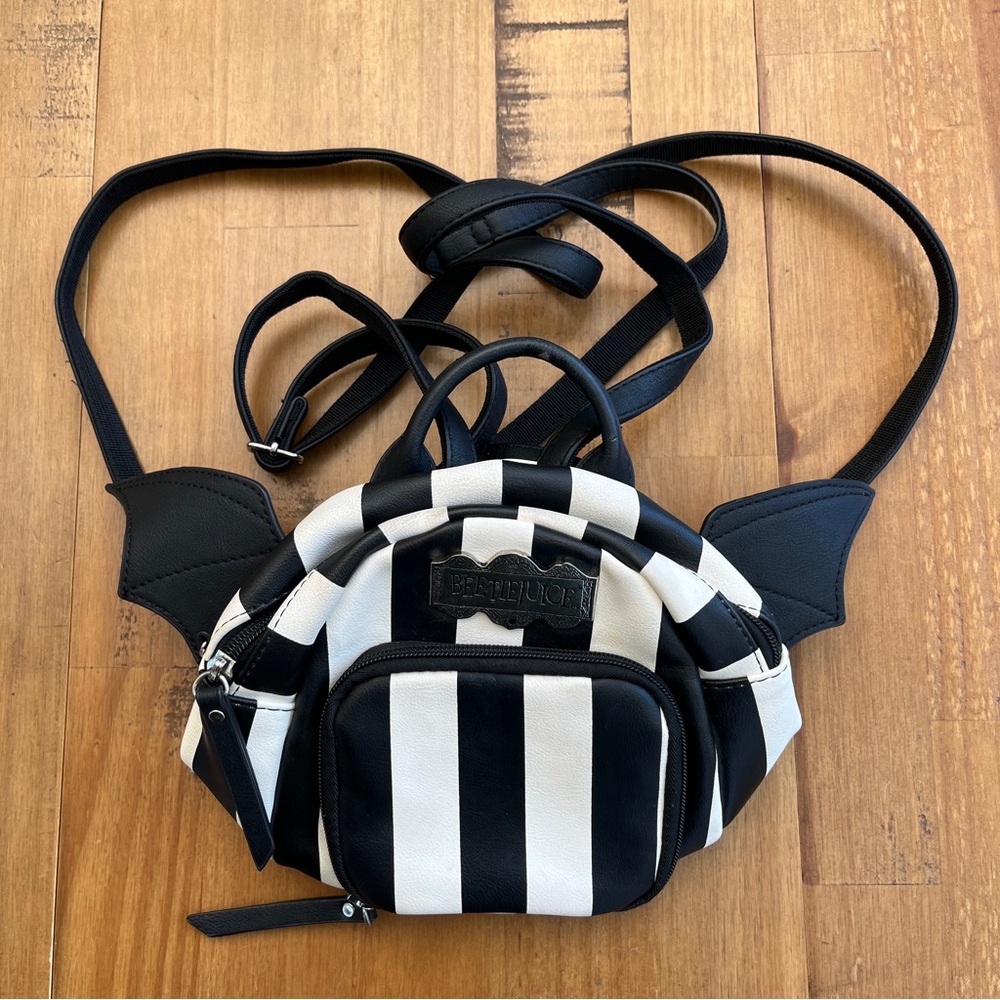 Beetlejuice Black and White Striped Batwing Mini Backpack